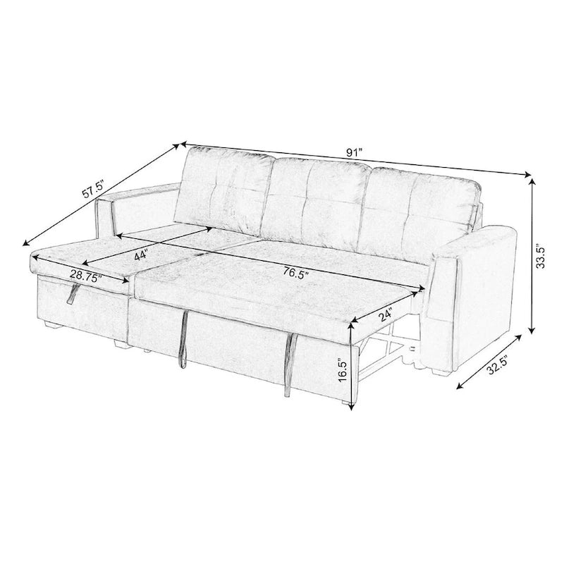 91-in. Velvet Reversible Convertible Storage Sectional/Sofa Sleeper