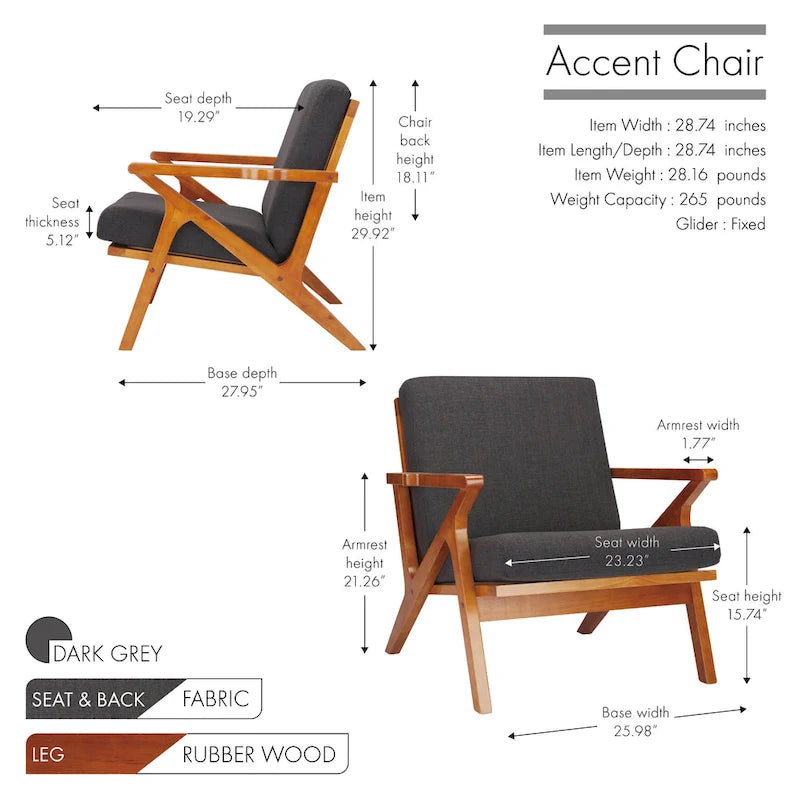 Porthos Home Clia Fabric Accent Chair with Rubberwood Frame, Removable Cushions