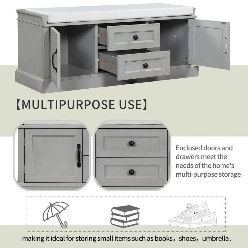 Storage Bench with 2 Drawers and 2 Cabinets