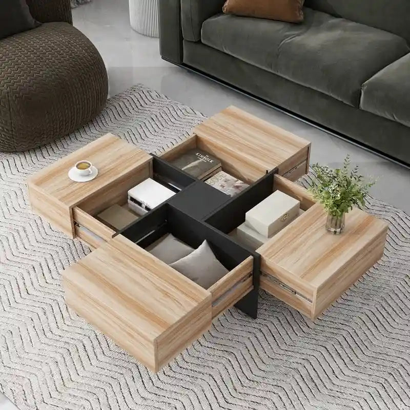 Unique Design Coffee Table with 4 Hidden Storage Compartments, Square Cocktail Table with Extendable Sliding Tabletop