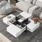 Unique Design Coffee Table with 4 Hidden Storage Compartments, Square Cocktail Table with Extendable Sliding Tabletop