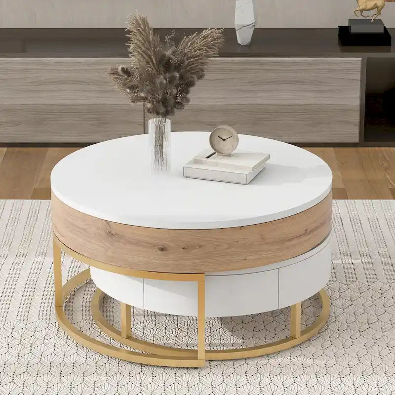 Modern Round Lift-top Nesting Coffee Tables with 2 Drawers