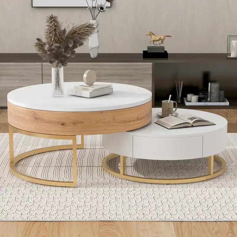 Modern Round Lift-top Nesting Coffee Tables with 2 Drawers