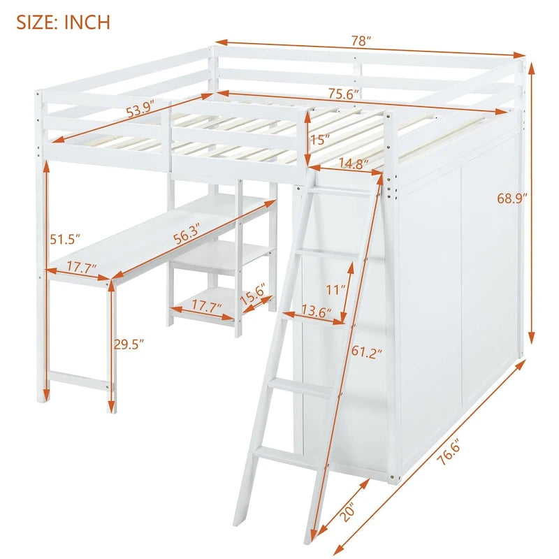 Merax Loft Bed with Wardrobe and Desk and Shelves