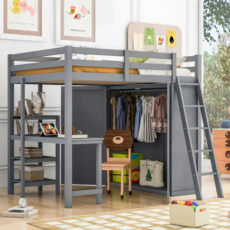 Merax Loft Bed with Wardrobe and Desk and Shelves