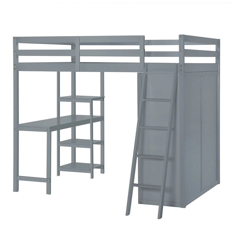 Merax Loft Bed with Wardrobe and Desk and Shelves