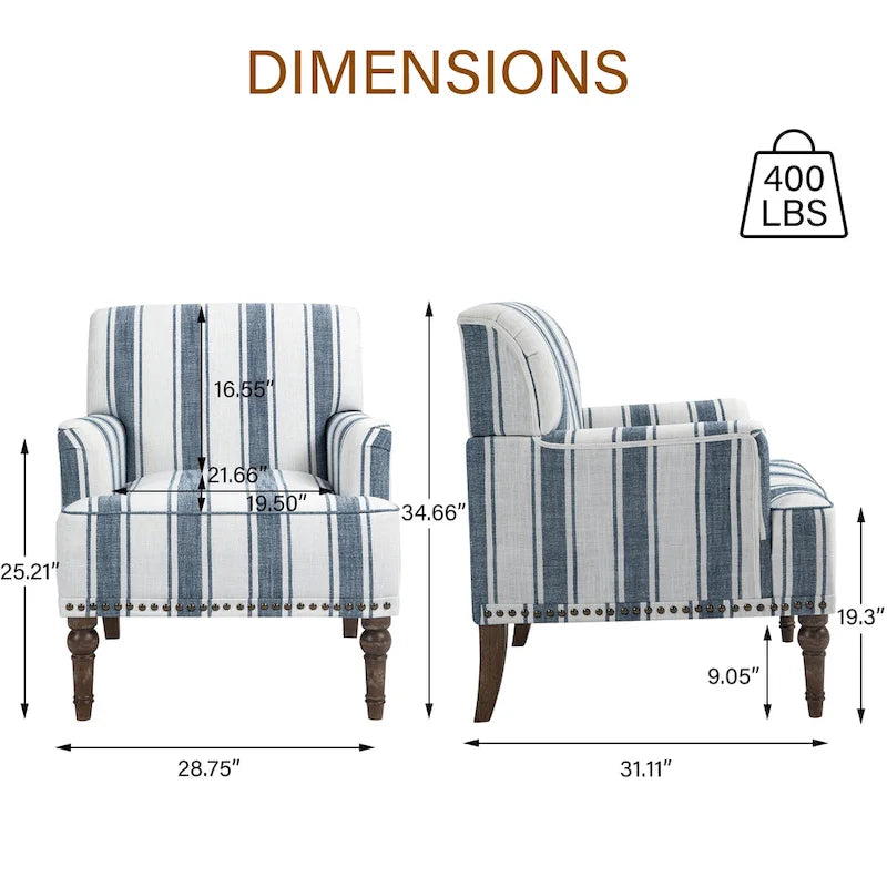 Set of 2 Traditional Upholstered Stripe Accent Chair for Living Room