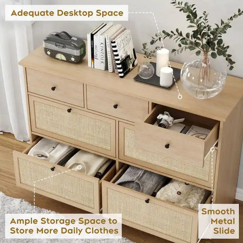 Boho Natural Rattan 7-Drawer Dresser