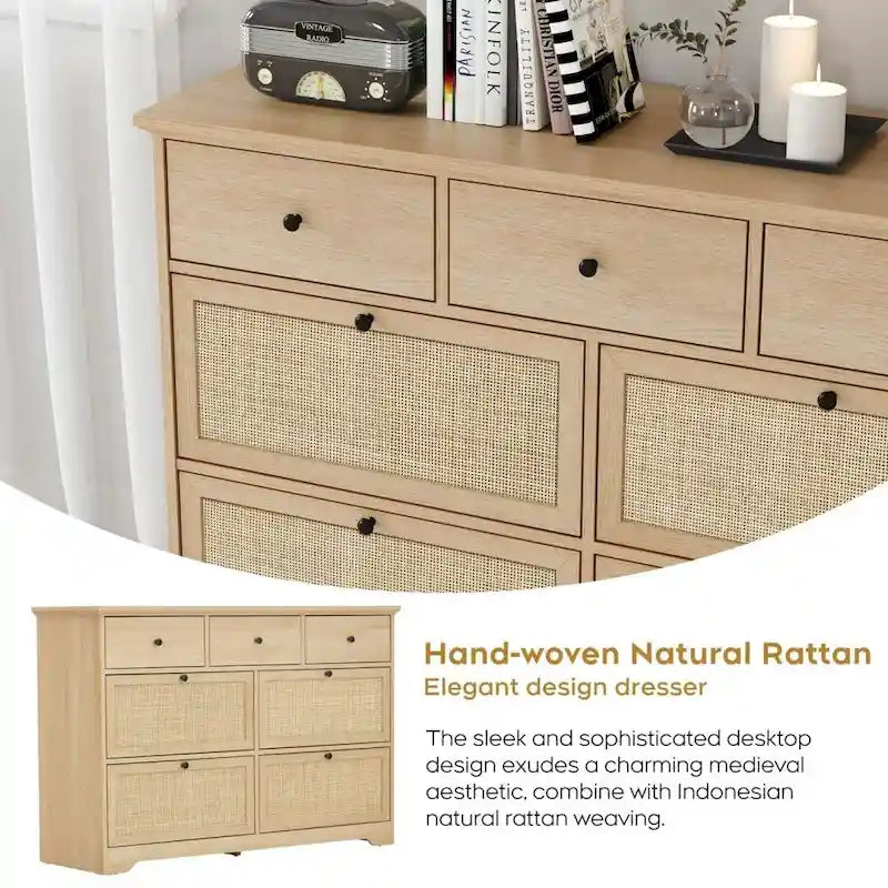 Boho Natural Rattan 7-Drawer Dresser
