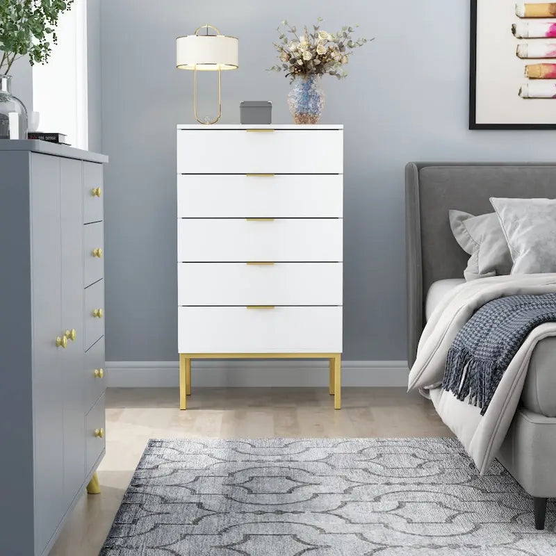 5 Drawer Dresser Chest End Table Storage Cabinet 23.6 W White/Back