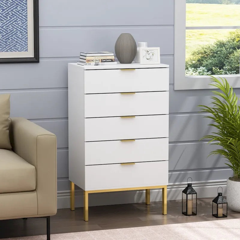 5 Drawer Dresser Chest End Table Storage Cabinet 23.6 W White/Back