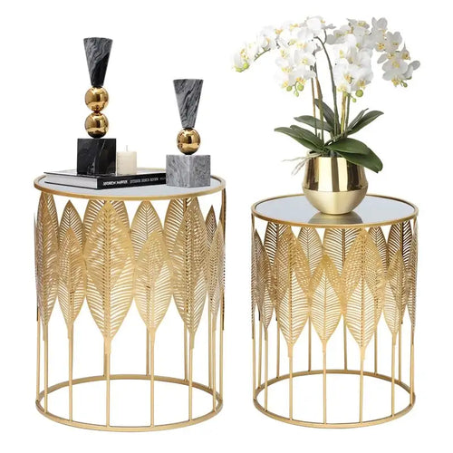 Adeco Gold Leaves End Tables Accent Coffee Nightstands Set of 2