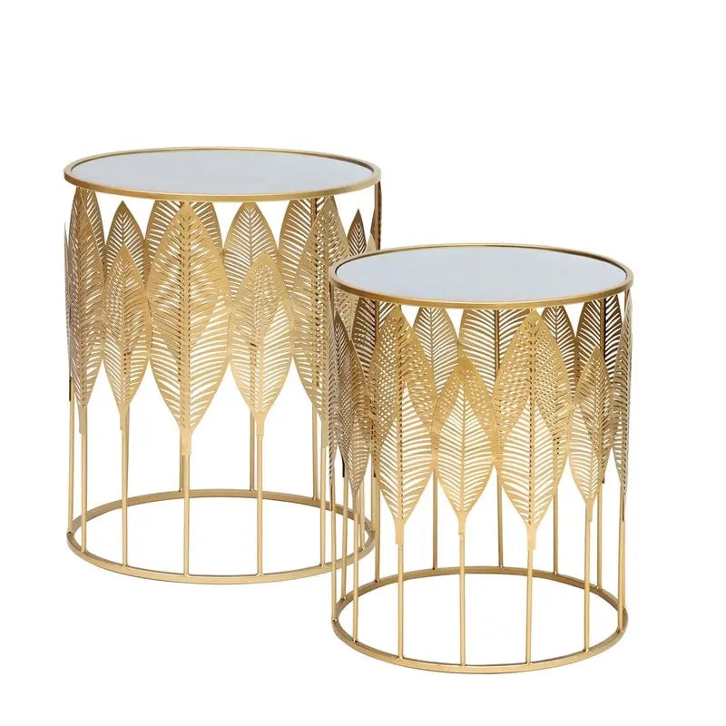 Adeco Gold Leaves End Tables Accent Coffee Nightstands Set of 2