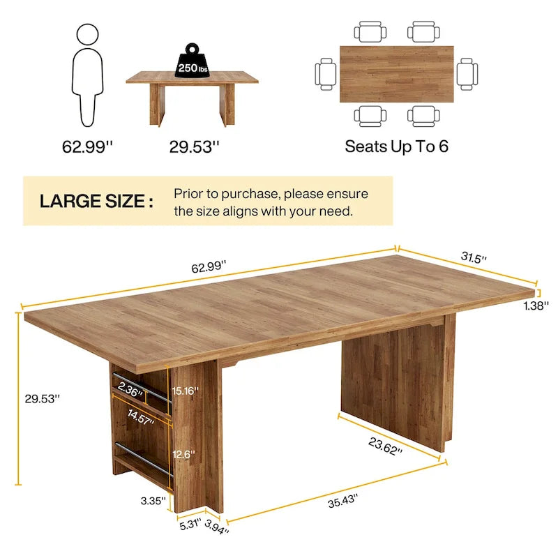 Farmhouse Dining Table for 6, 63-Inch Rectangular Wooden Kitchen Table with Storage