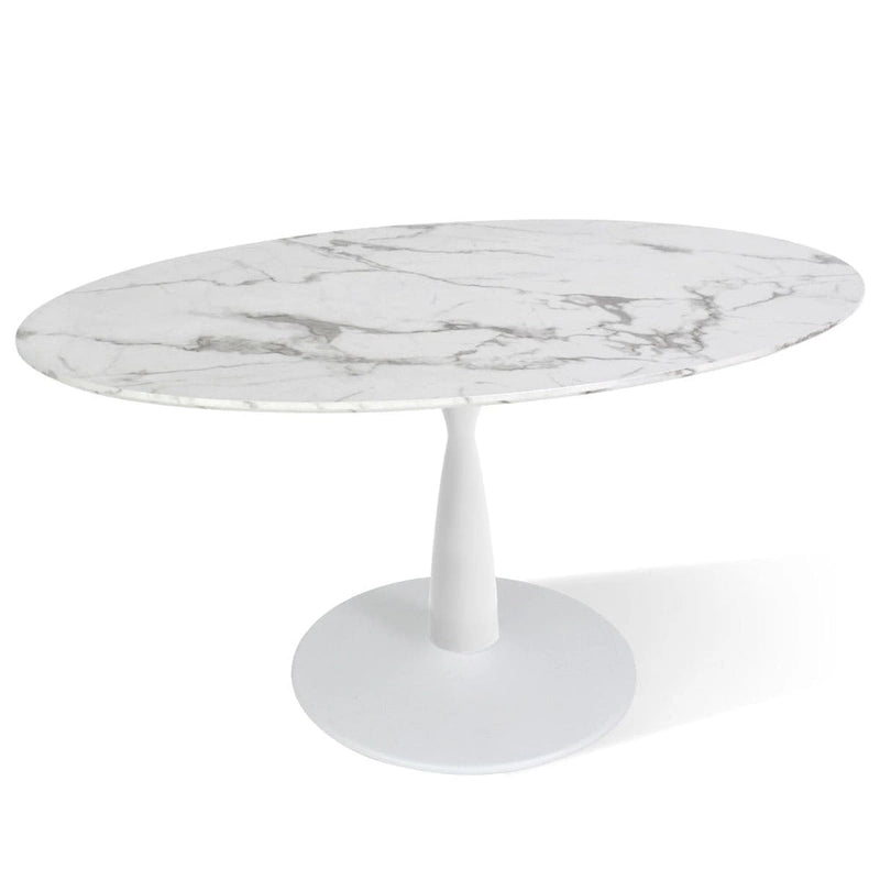 Oval White Faux Marble Topped Pedestal Dining Table