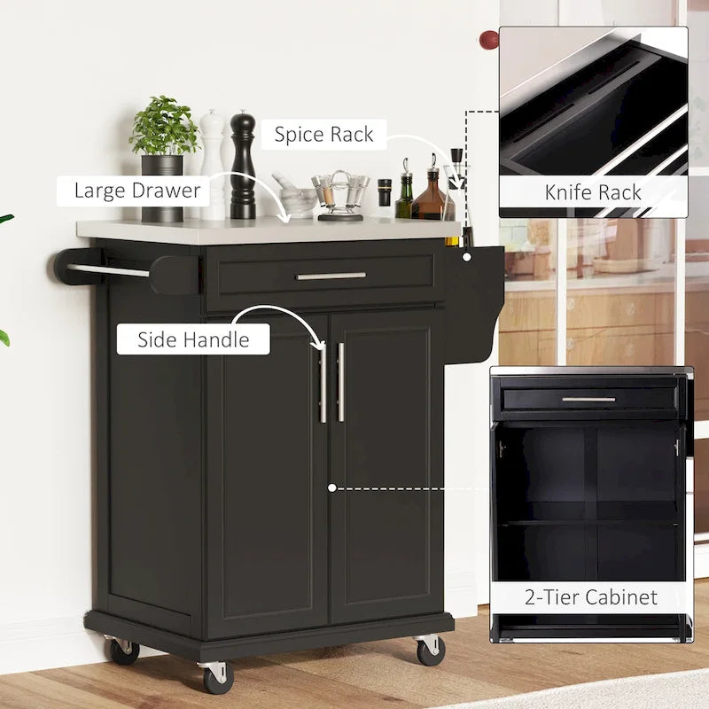 HOMCOM Rolling Kitchen Island Utility Storage Cart With Drawer, Spice Rack & Wheels - Black