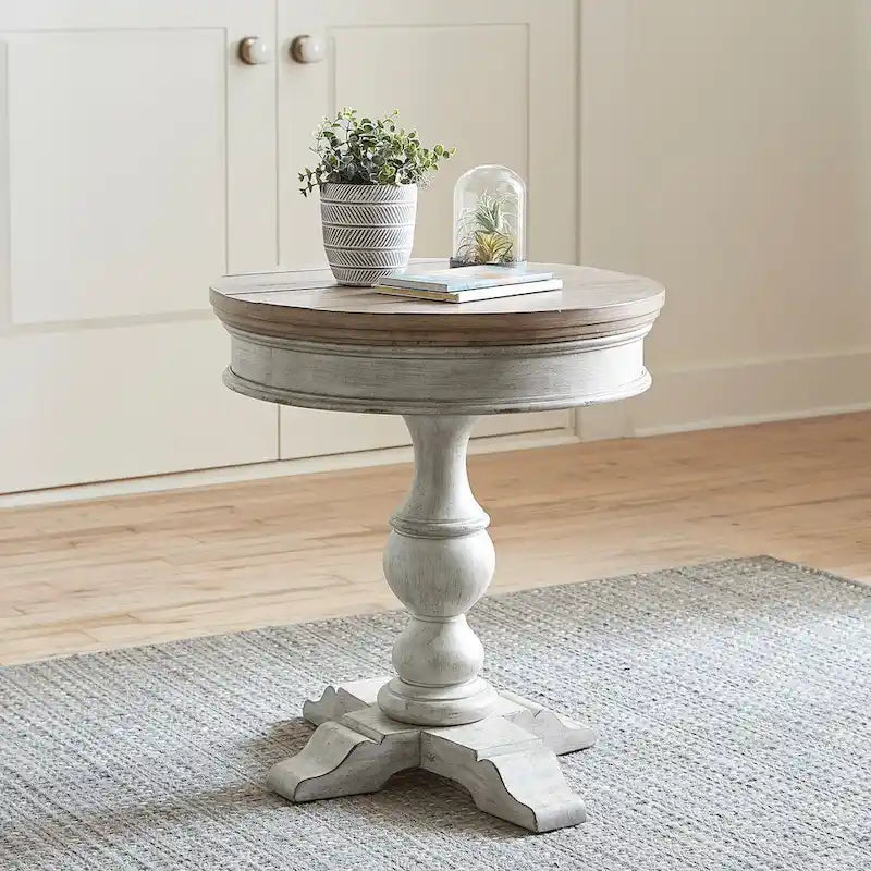 Heartland Antique White Round Pedestal Chair Side Table
