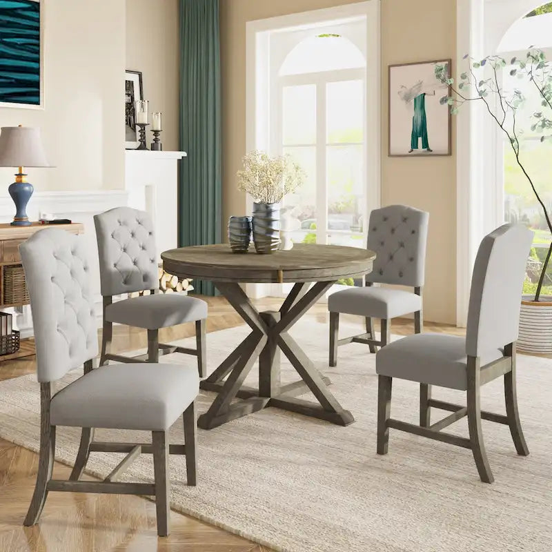Dining Table Set with Extendable Table and 4 Upholstered Chairs
