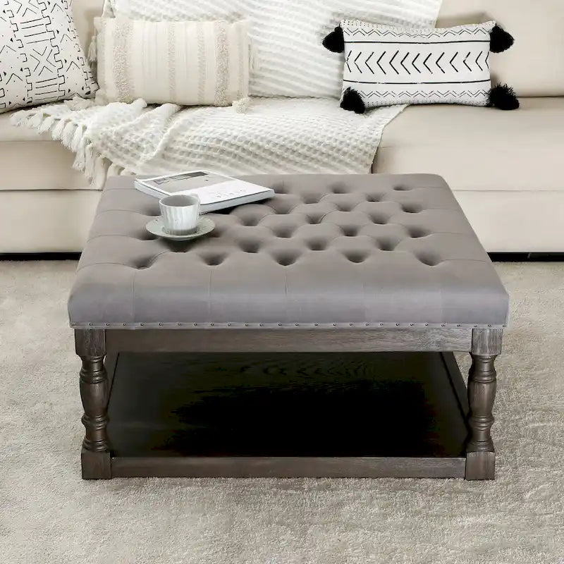 Cairona Tufted Bi-cast leather 34-Inch Shelved Ottoman Table