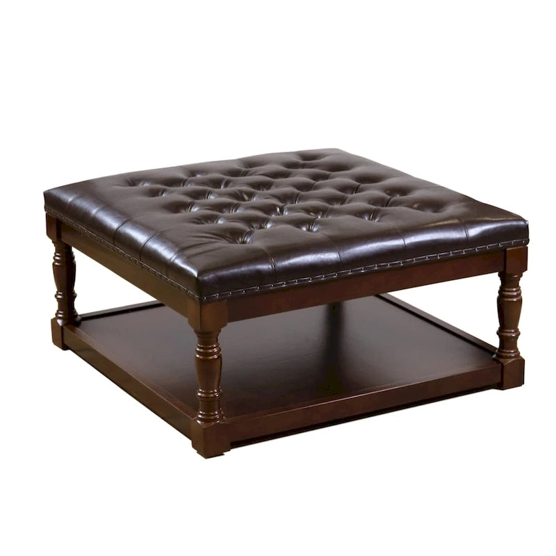 Cairona Tufted Bi-cast leather 34-Inch Shelved Ottoman Table