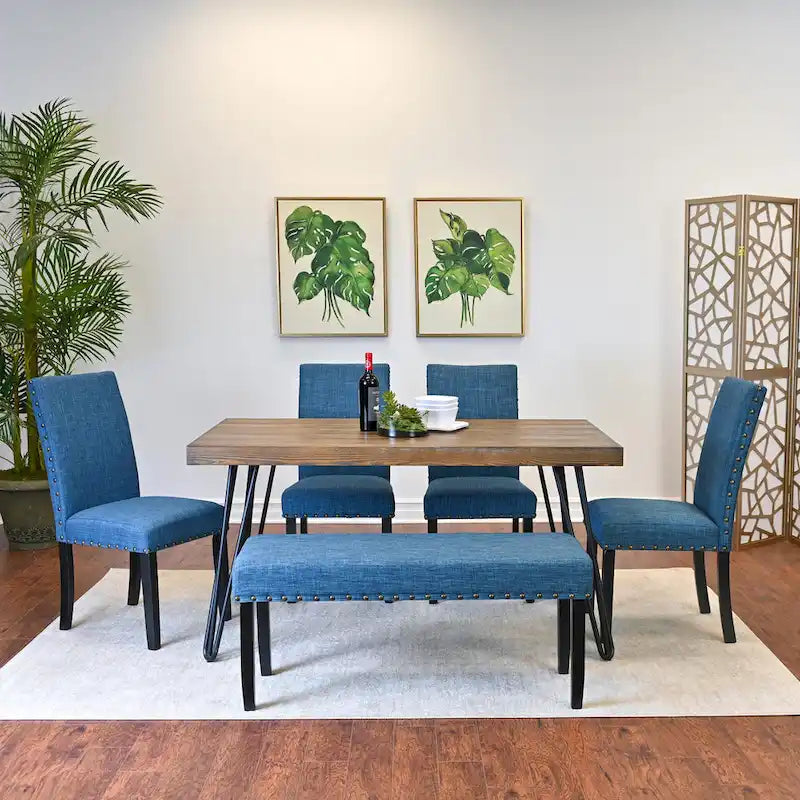 Roundhill Furniture Amisos 6-Piece Dining Set, Hairpin Dining Table with 4 Chairs and Upholstery Bench