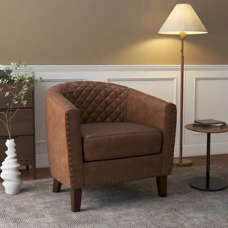 Modern Armchair Faux Leather Nailhead Trim Swivel Accent Chair