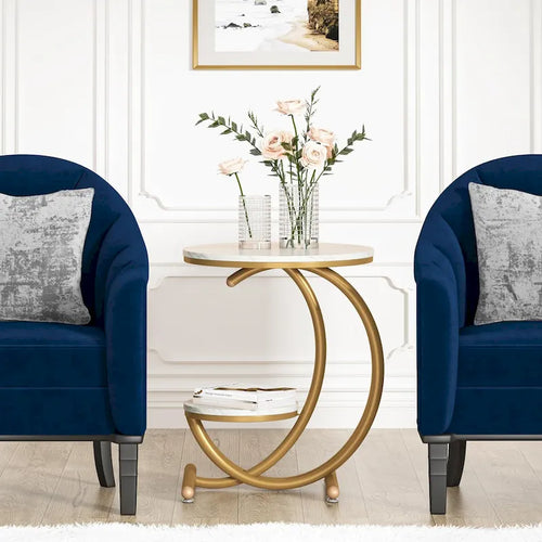 2-Tier Round Marble End Table with Storage Shelf (Modern/Industrial)