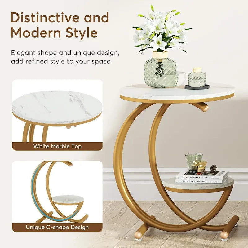 2-Tier Round Marble End Table with Storage Shelf (Modern/Industrial)