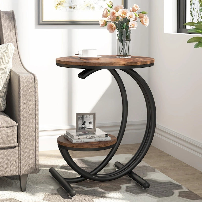 2-Tier Round Marble End Table with Storage Shelf (Modern/Industrial)