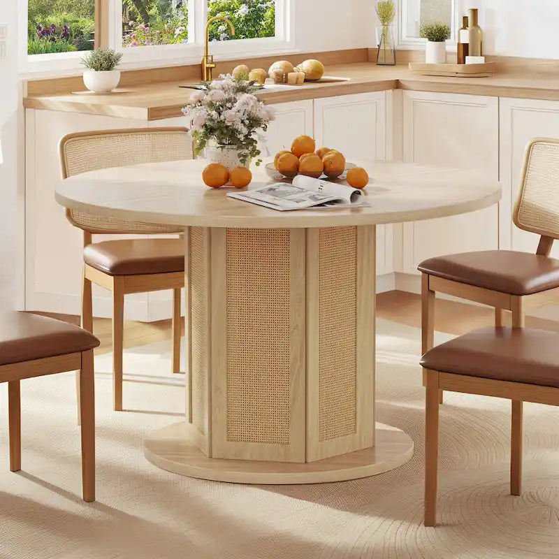 Moasis Round Pedestal Dining Table for 4 with Rattan Circular Base