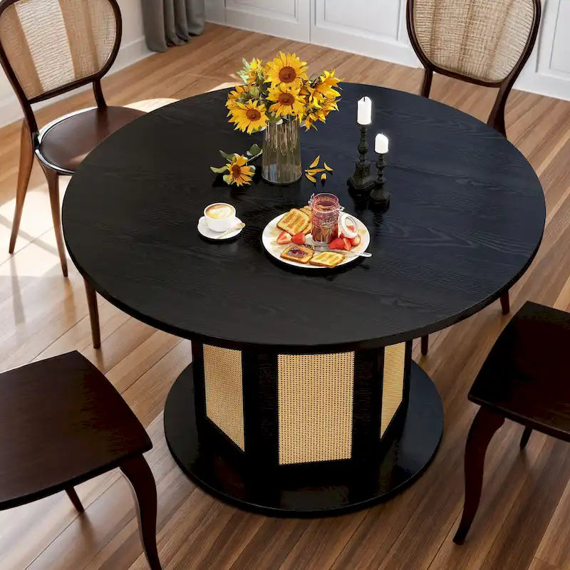 Moasis Round Pedestal Dining Table for 4 with Rattan Circular Base