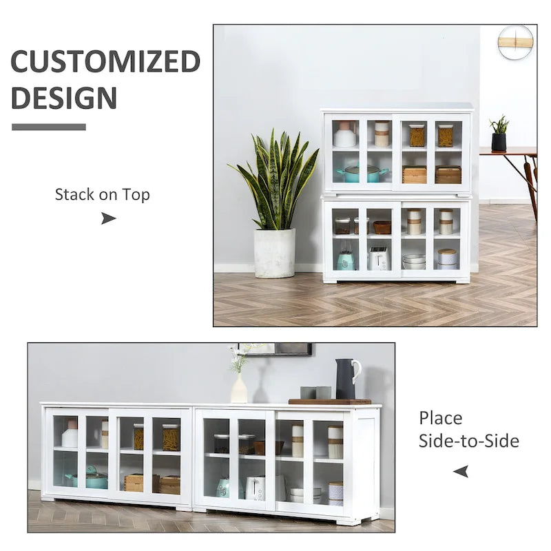 HOMCOM Modern Kitchen Sideboard, Stackable Storage Cabinet, Sliding Glass Door Console, Cupboard Serving Buffet for Kitchen