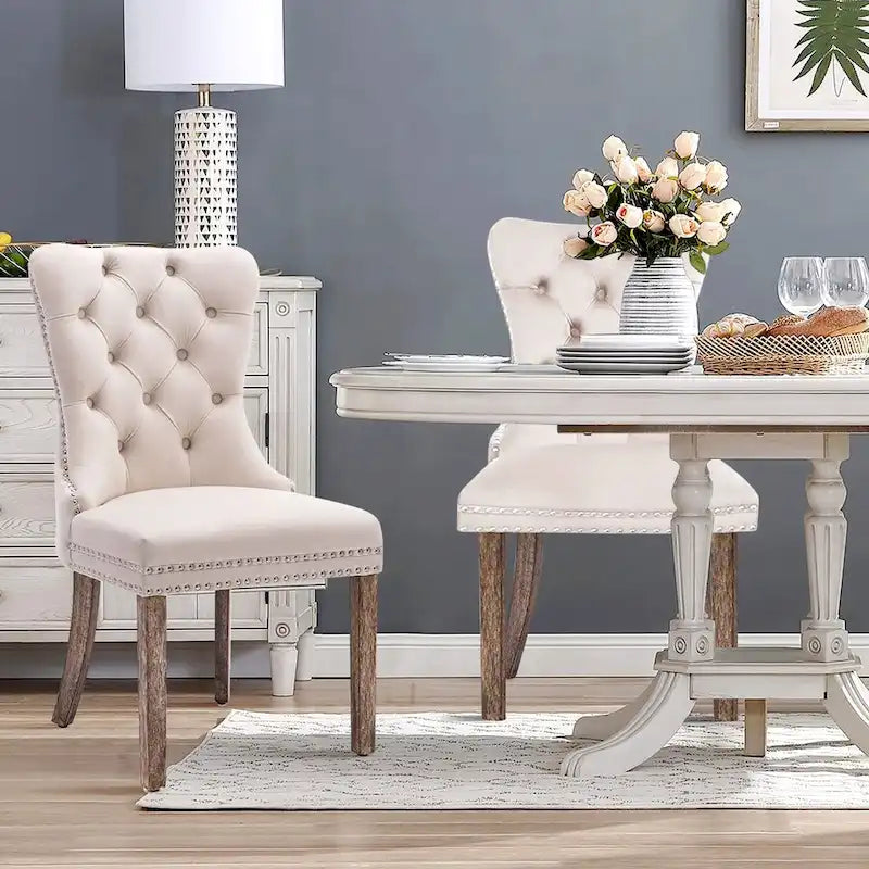 Set of 2 Velvet Dining Chairs,Tufted Solid Wood Armless Chairs Accent Chair with Nailhead Trim and Back Ring Pull