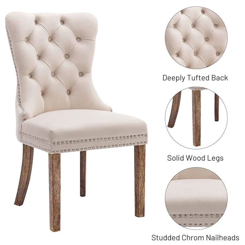 Set of 2 Velvet Dining Chairs,Tufted Solid Wood Armless Chairs Accent Chair with Nailhead Trim and Back Ring Pull
