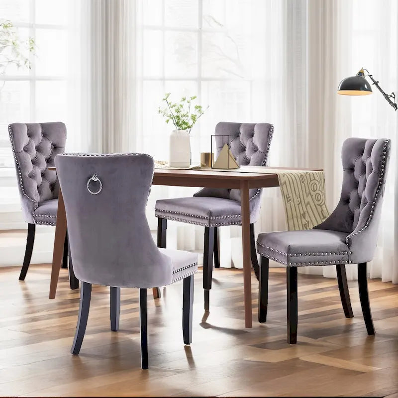 Set of 2 Velvet Dining Chairs,Tufted Solid Wood Armless Chairs Accent Chair with Nailhead Trim and Back Ring Pull