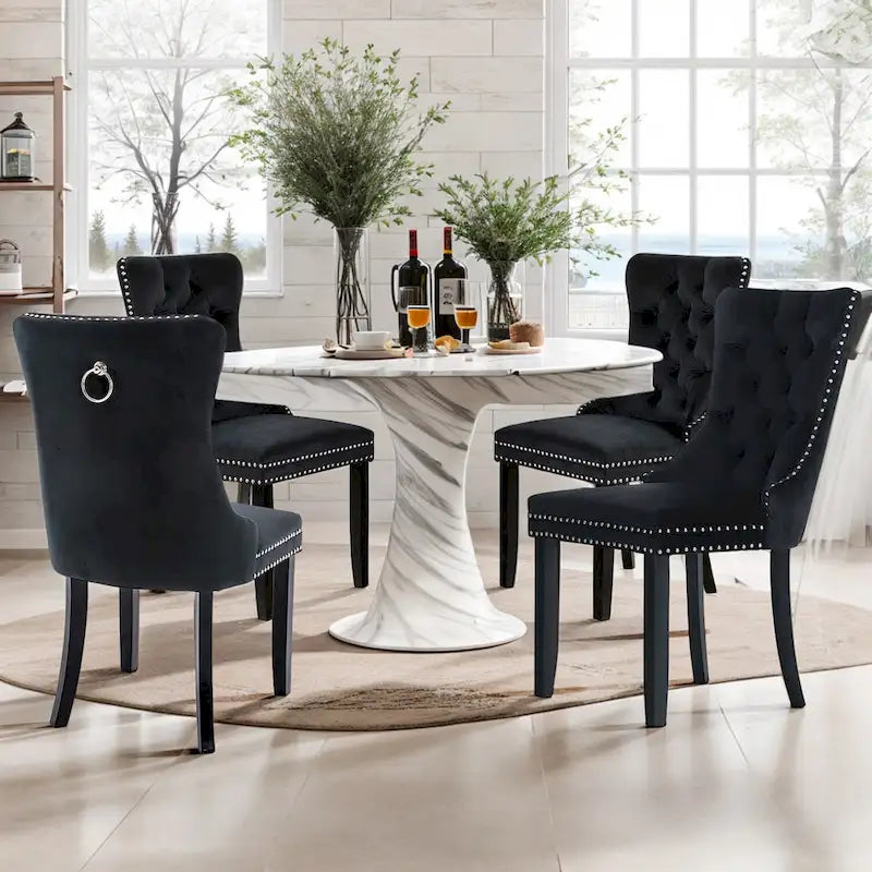 Set of 2 Velvet Dining Chairs,Tufted Solid Wood Armless Chairs Accent Chair with Nailhead Trim and Back Ring Pull