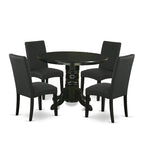 East West Furniture Kitchen Table Set- a Round Table and Black Color Linen Fabric Chairs, Black (Pieces Option)