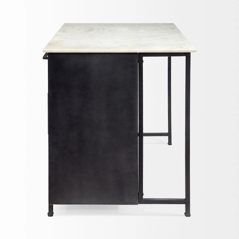 Fieri White Marble Top w/Black Solid Iron Frame Kitchen Island - 58W x 32D x 37H