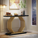 39.37 Gold Console Table, Modern White Marble Sofa Table with Geometric Metal Base