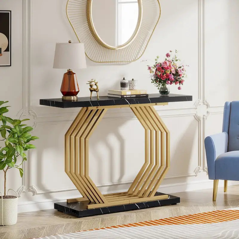 39.37 Gold Console Table, Modern White Marble Sofa Table with Geometric Metal Base