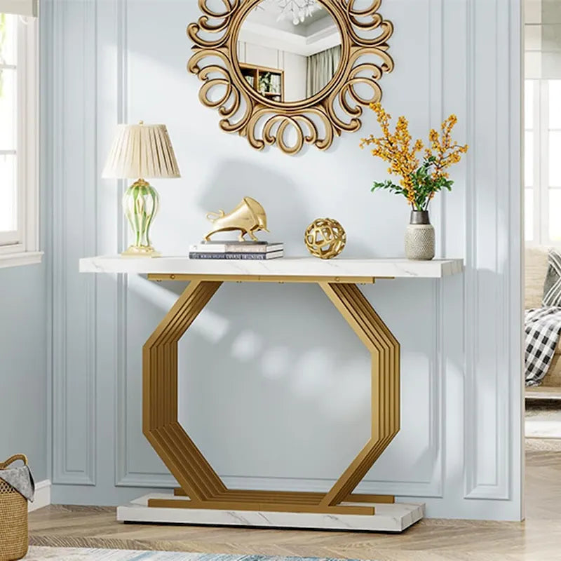 39.37 Gold Console Table, Modern White Marble Sofa Table with Geometric Metal Base