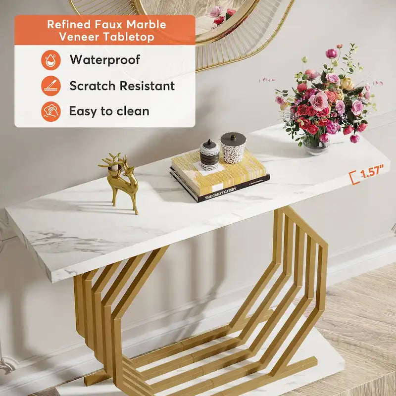 39.37 Gold Console Table, Modern White Marble Sofa Table with Geometric Metal Base