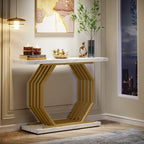 39.37 Gold Console Table, Modern White Marble Sofa Table with Geometric Metal Base