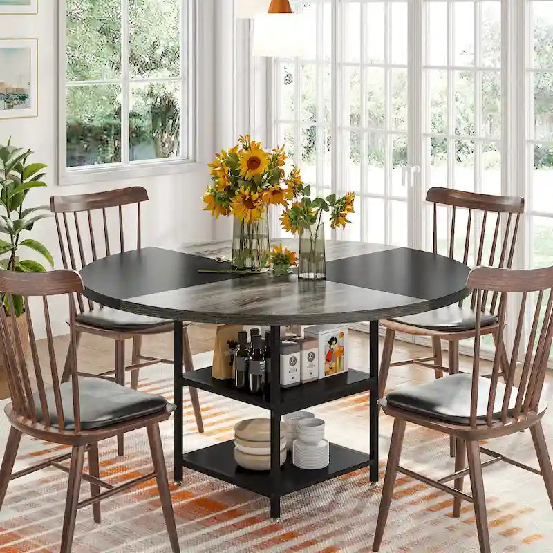 Kitchen Table Dining Table for 4 with Storage Shelf Metal Legs Wood Table Top for Home Dining Room Living Room
