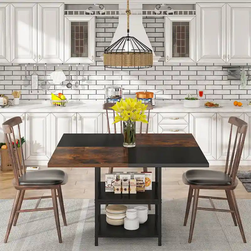 Kitchen Table Dining Table for 4 with Storage Shelf Metal Legs Wood Table Top for Home Dining Room Living Room