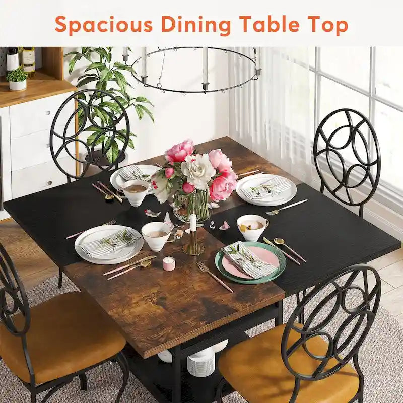 Kitchen Table Dining Table for 4 with Storage Shelf Metal Legs Wood Table Top for Home Dining Room Living Room