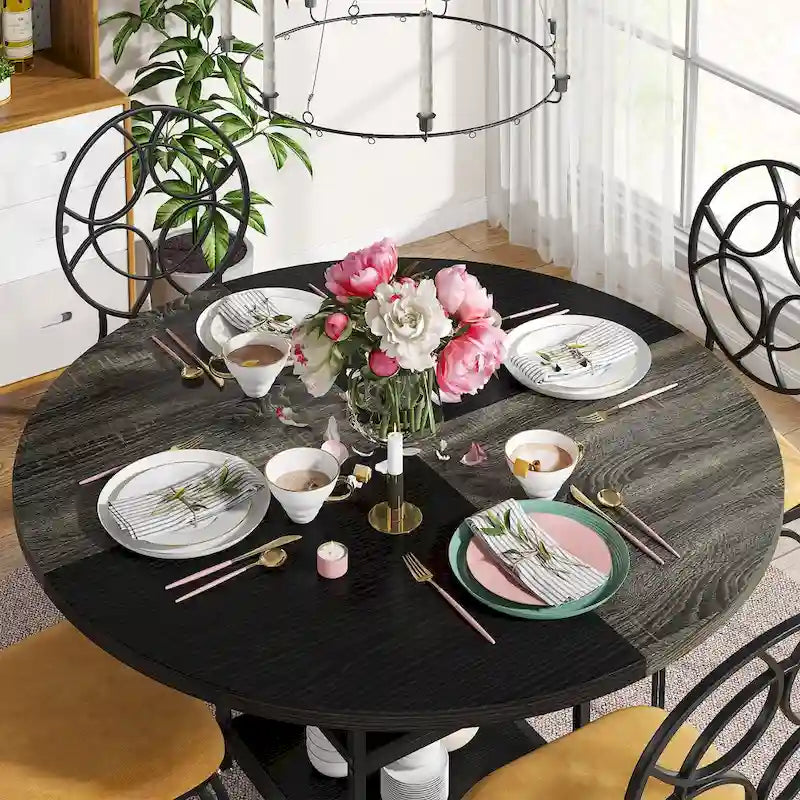 Kitchen Table Dining Table for 4 with Storage Shelf Metal Legs Wood Table Top for Home Dining Room Living Room