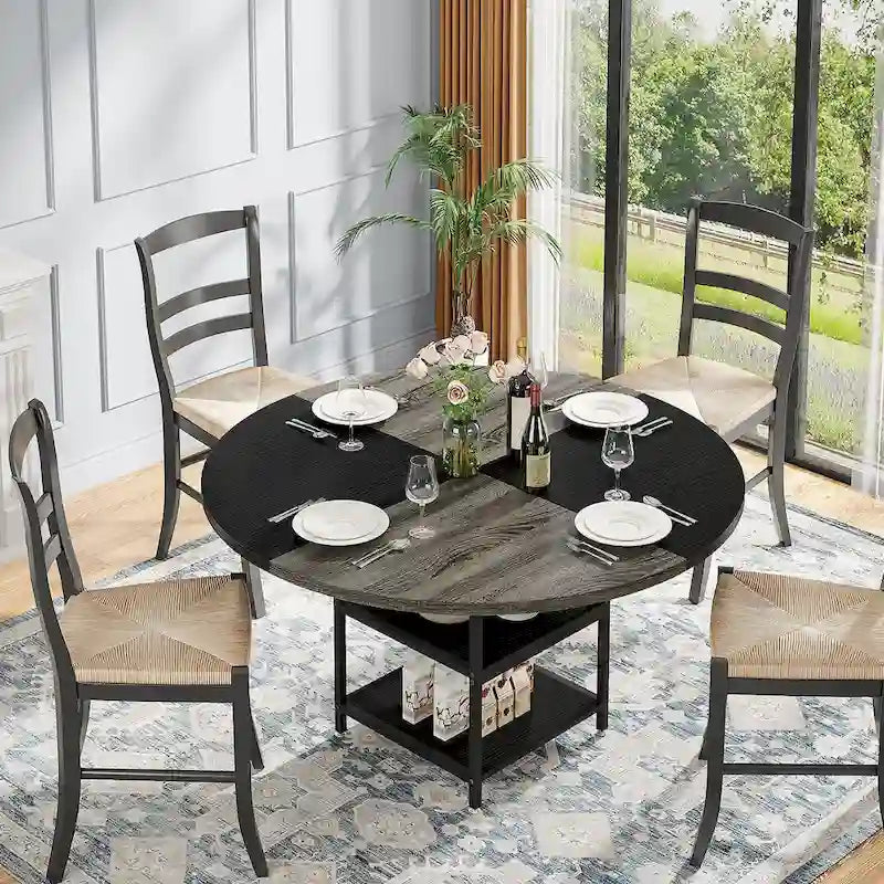 Kitchen Table Dining Table for 4 with Storage Shelf Metal Legs Wood Table Top for Home Dining Room Living Room