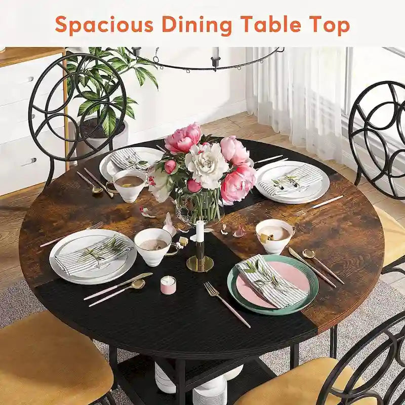 Kitchen Table Dining Table for 4 with Storage Shelf Metal Legs Wood Table Top for Home Dining Room Living Room