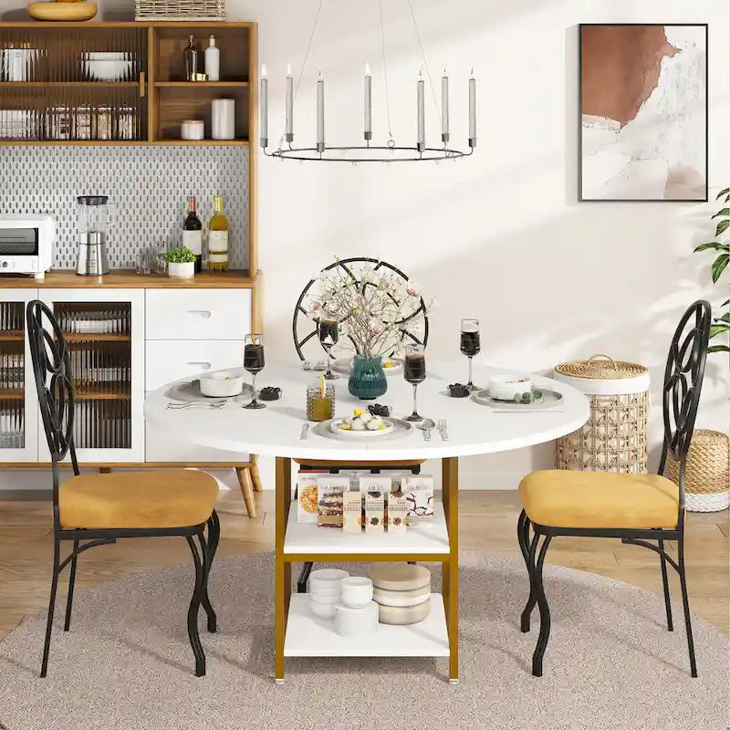 Kitchen Table Dining Table for 4 with Storage Shelf Metal Legs Wood Table Top for Home Dining Room Living Room